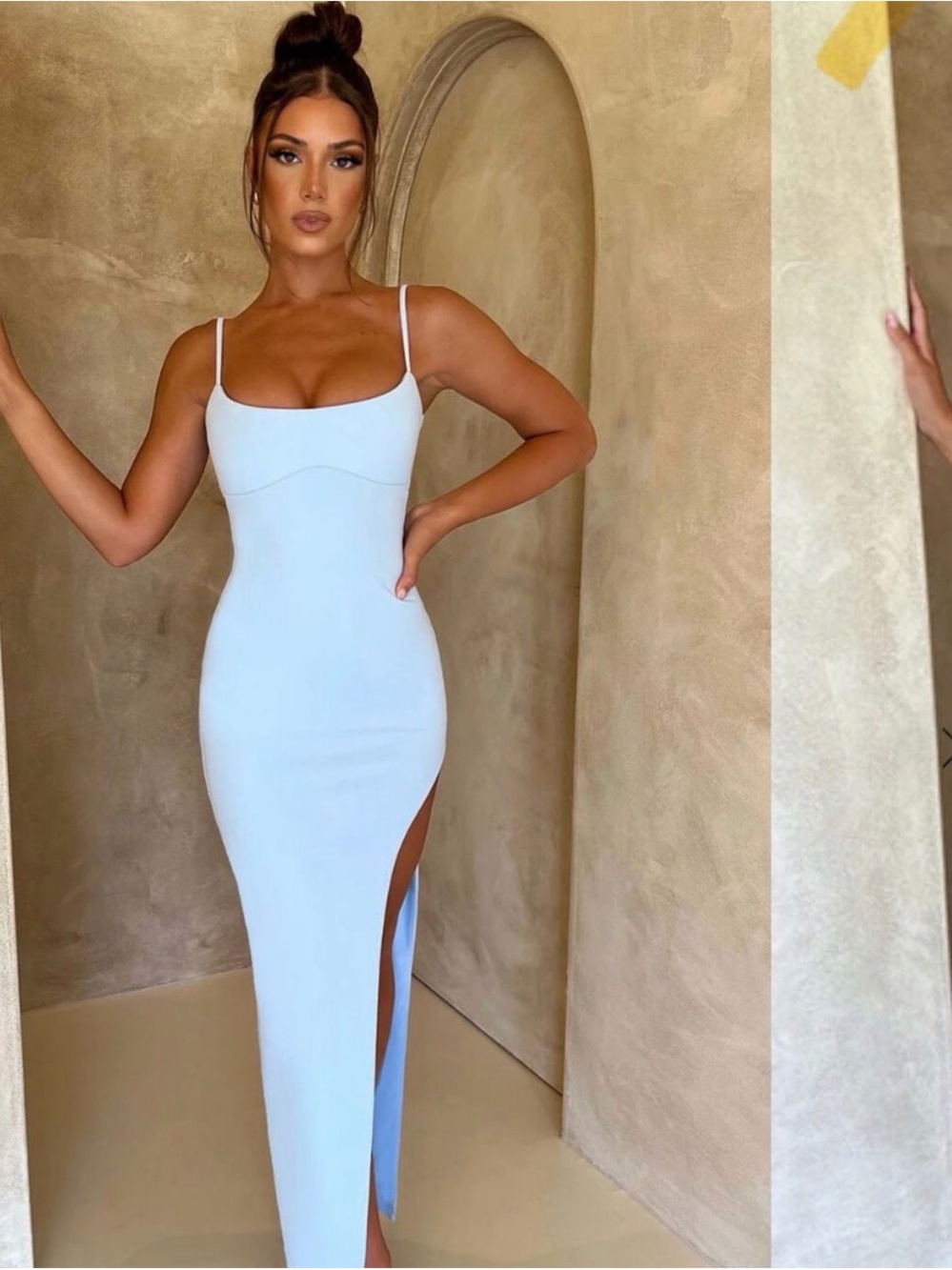 TIARNE MAXI DRESS - BABY BLUE Elegant Light Blue Maxi Slip Dress with Side Slit